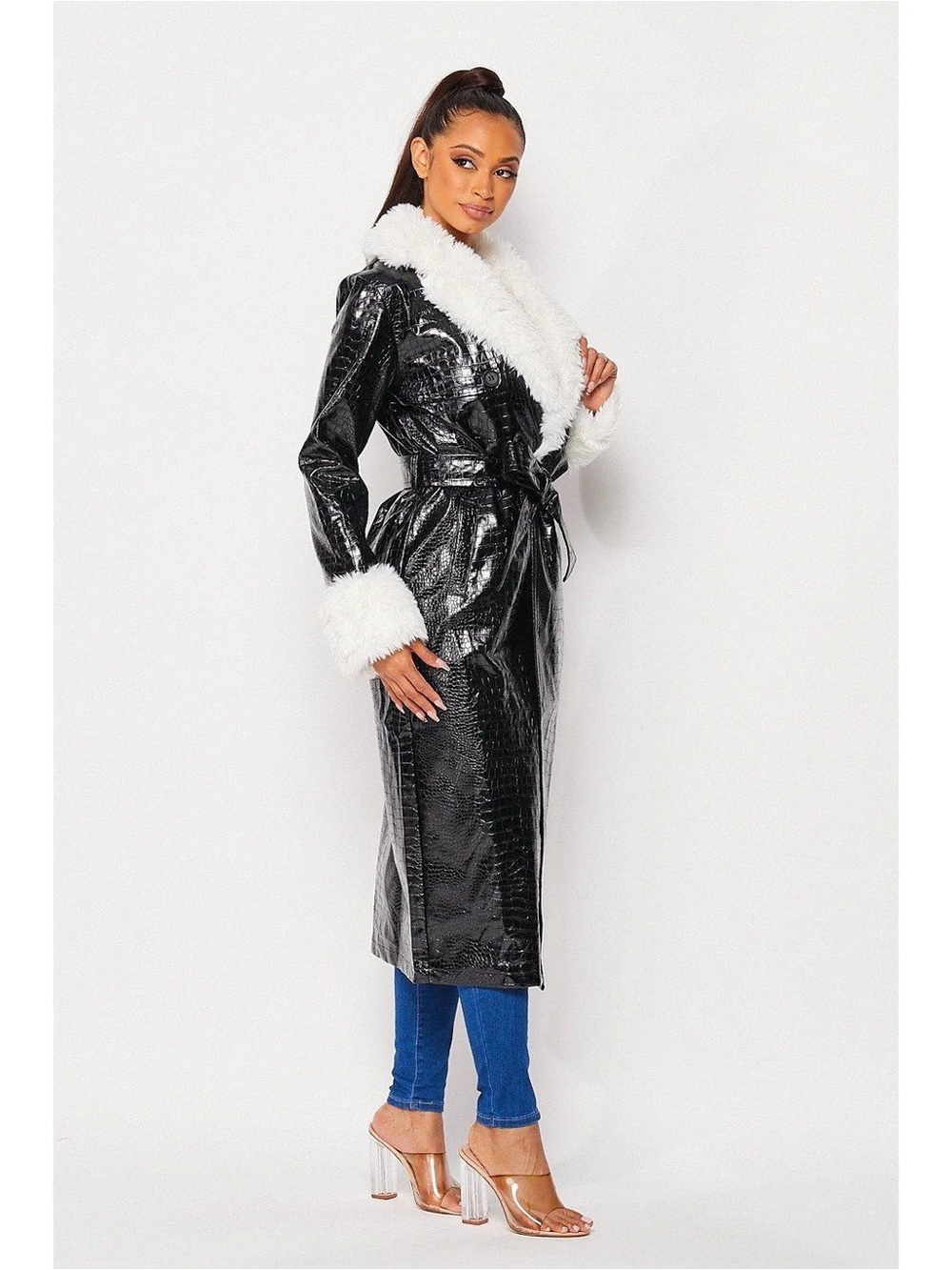 Dressed in LALA Black Faux Leather Trench Coat with White Faux Fur Trim